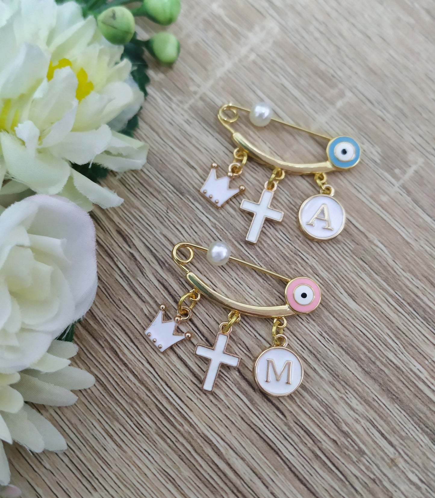 Evil Eye Baby Pin Protection For Baby, Cross Crown Personalized Baby Diaper Pin, Baby Shower Gift, Christening Baptism Gift, Gold Safety Pin
