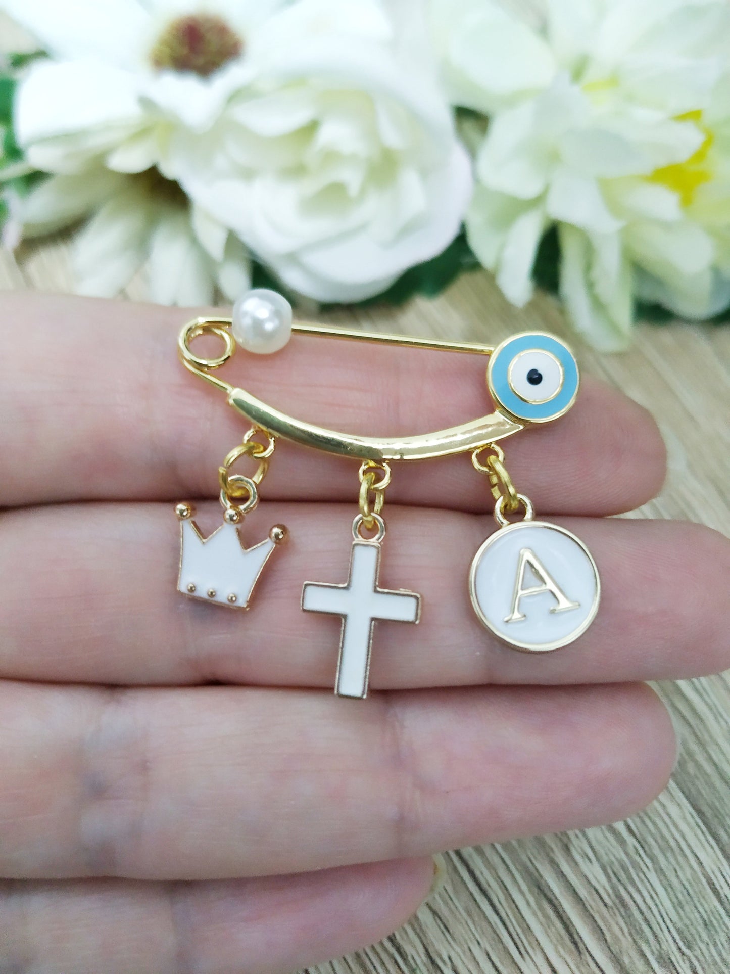 Evil Eye Baby Pin Protection For Baby, Cross Crown Personalized Baby Diaper Pin, Baby Shower Gift, Christening Baptism Gift, Gold Safety Pin
