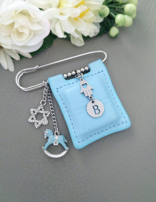 Jewish Tehillim Book in Blue Leather, Jewish stroller pins, Boy Bris Brit Milah Gift, Silver Hamsa Star of David 